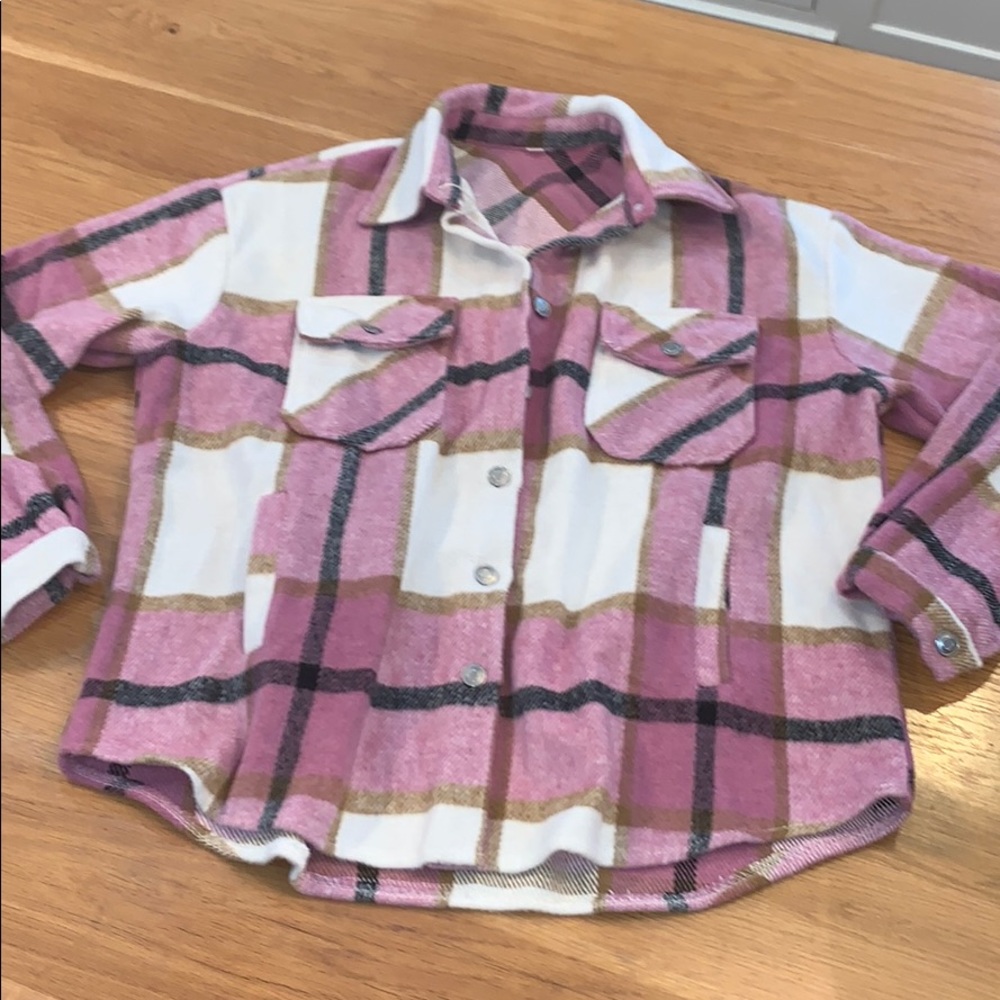 Shacket~ Flannel Button Plaid Jacket Coat Pink L - image 7